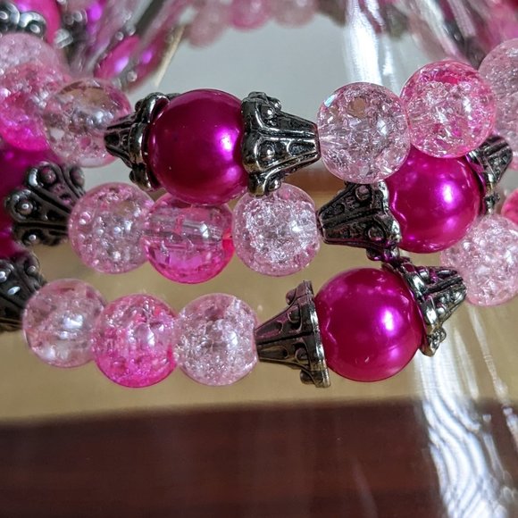 Pink and silver beaded memory wire bracelet - Picture 2 of 4